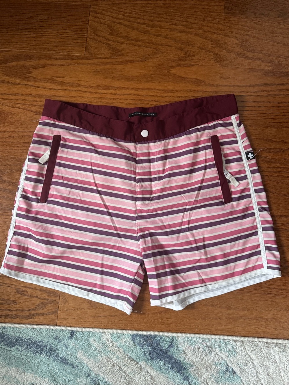 Andrew Christian Men's Striped Pink and Maroon Swim Shorts Sz 34